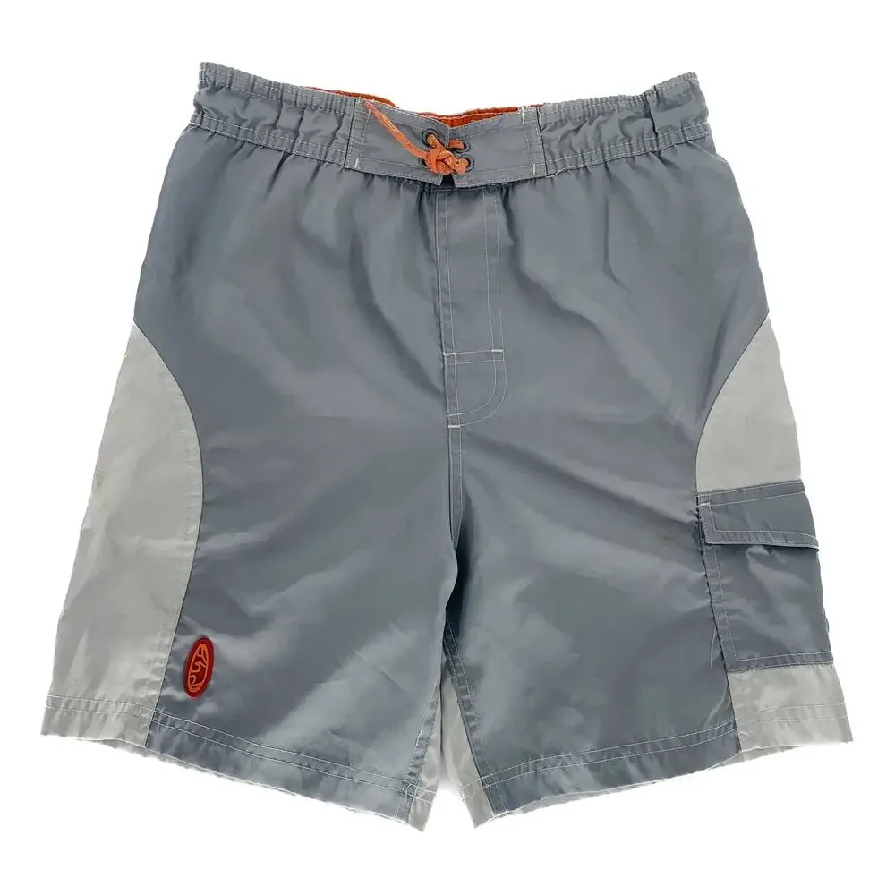 Sand And Sun Boys Swim 10-12 M Shorts Gray Orange Pockets Inner Pocket Imperfect
